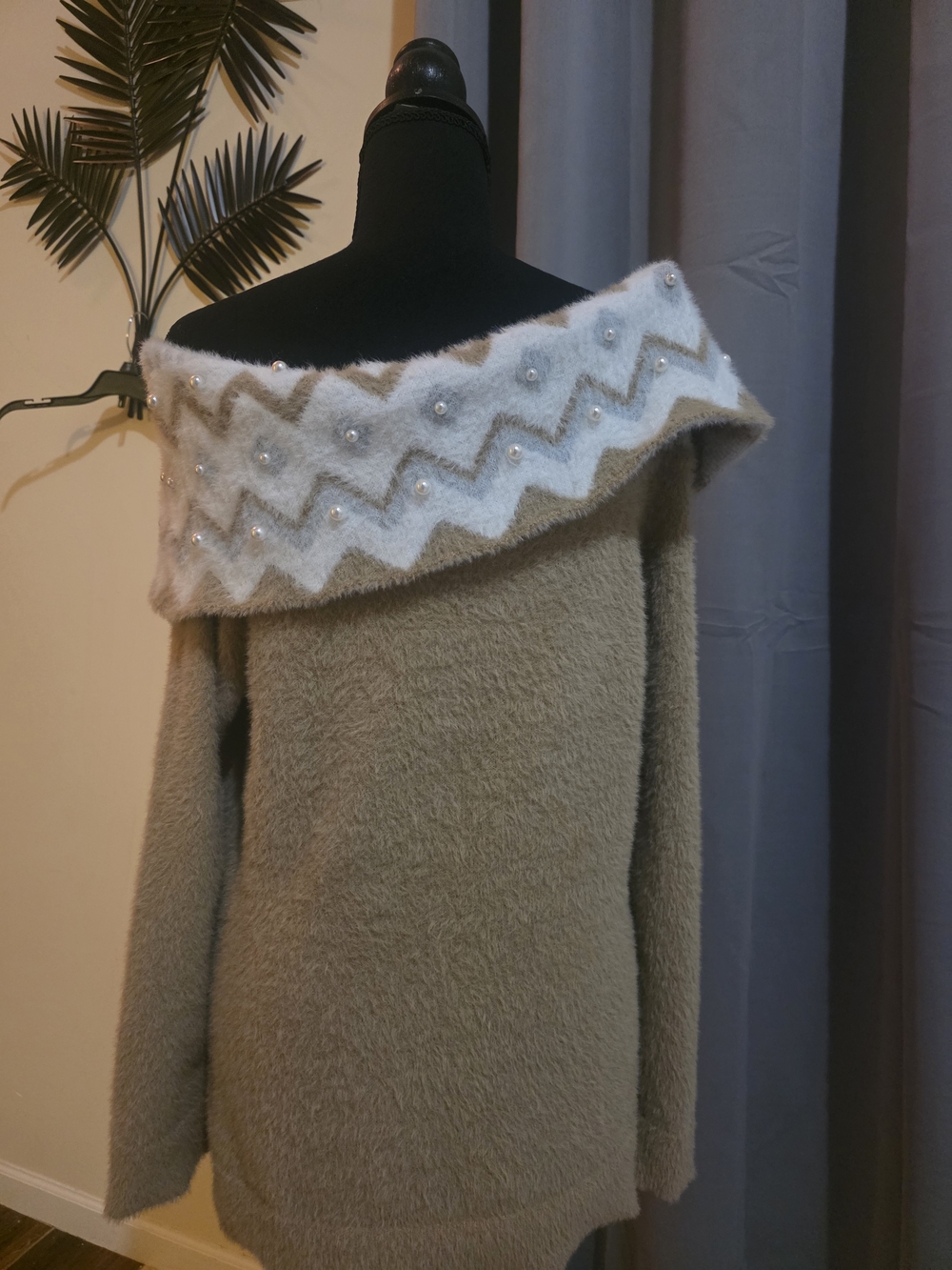 Off-Shoulder Beige Pearl-Trim Boston Proper Sweater (Size M)